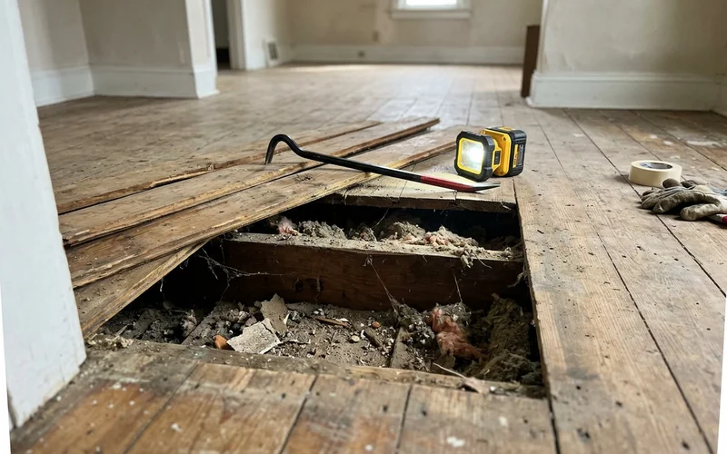 Subfloor lifted to assess penetration into the joist cavity