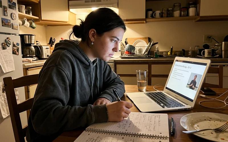 A student taking notes while watching a training video