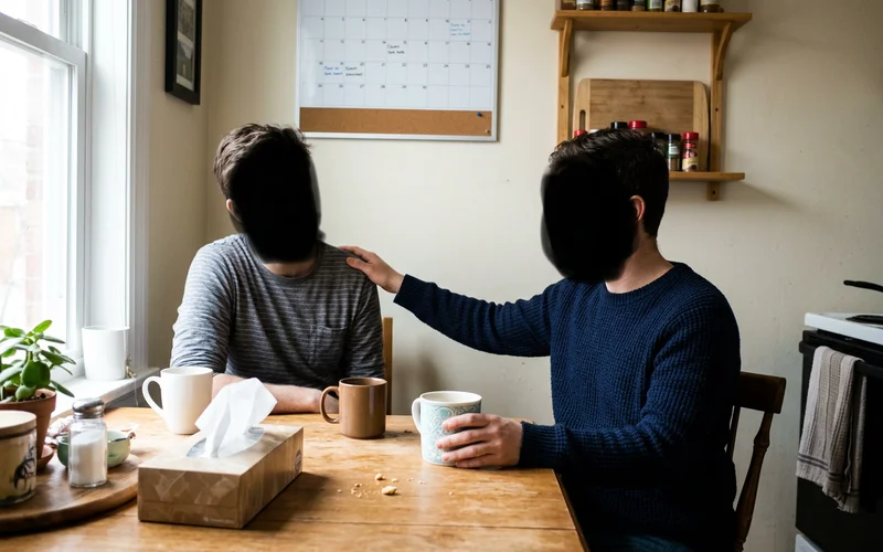 A supportive hand on someone's shoulder in a home setting