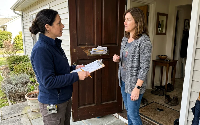 An adjuster and homeowner talking in a doorway