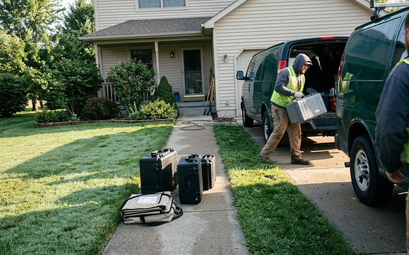 A crew arriving with equipment to begin a scheduled cleanup