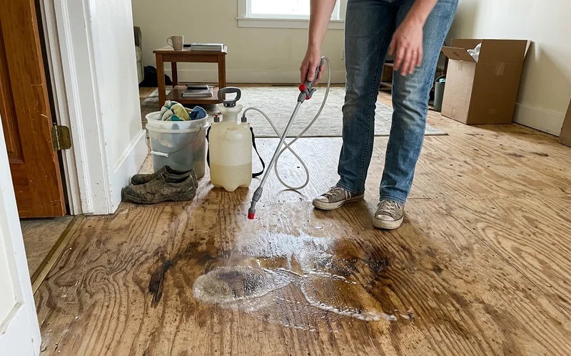 Enzymatic cleaner applied to a urine-stained subfloor