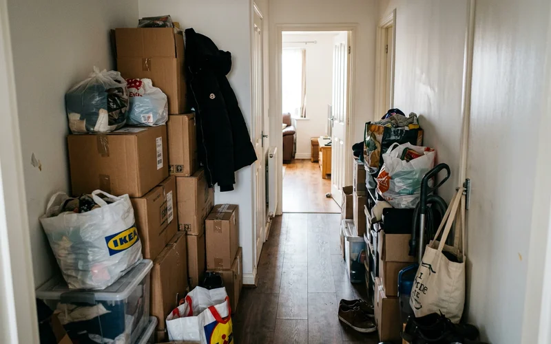 A narrow walking path through stacked belongings in a hallway