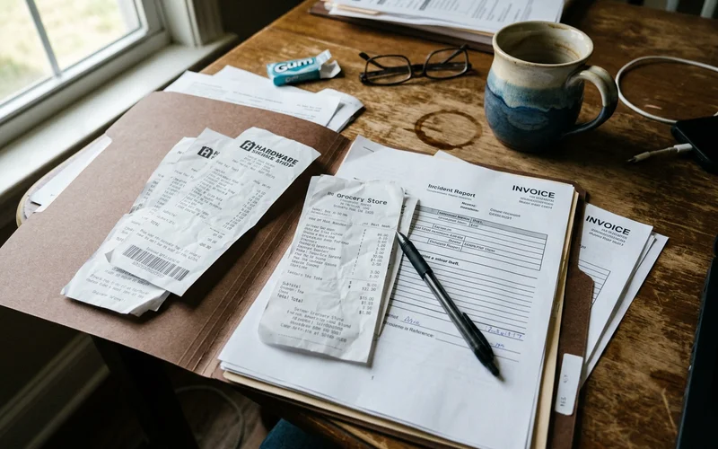 A folder of receipts and documents spread on a desk