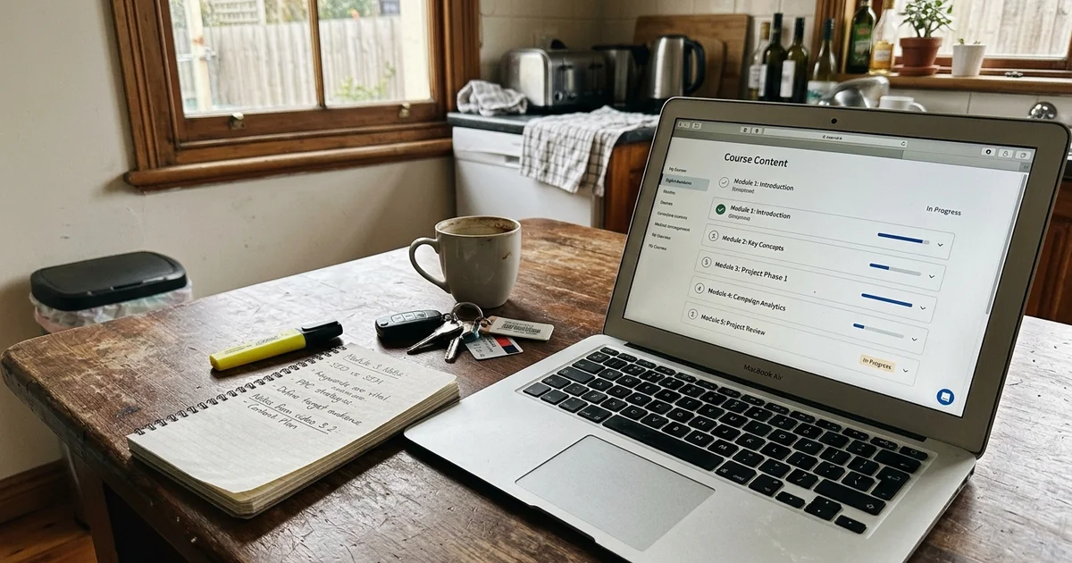 A laptop showing an online course dashboard with a module list