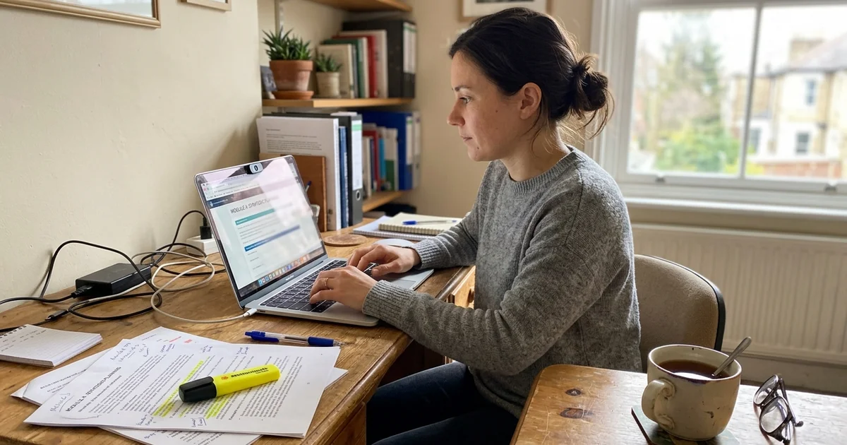 A person studying course materials on a laptop at a home desk