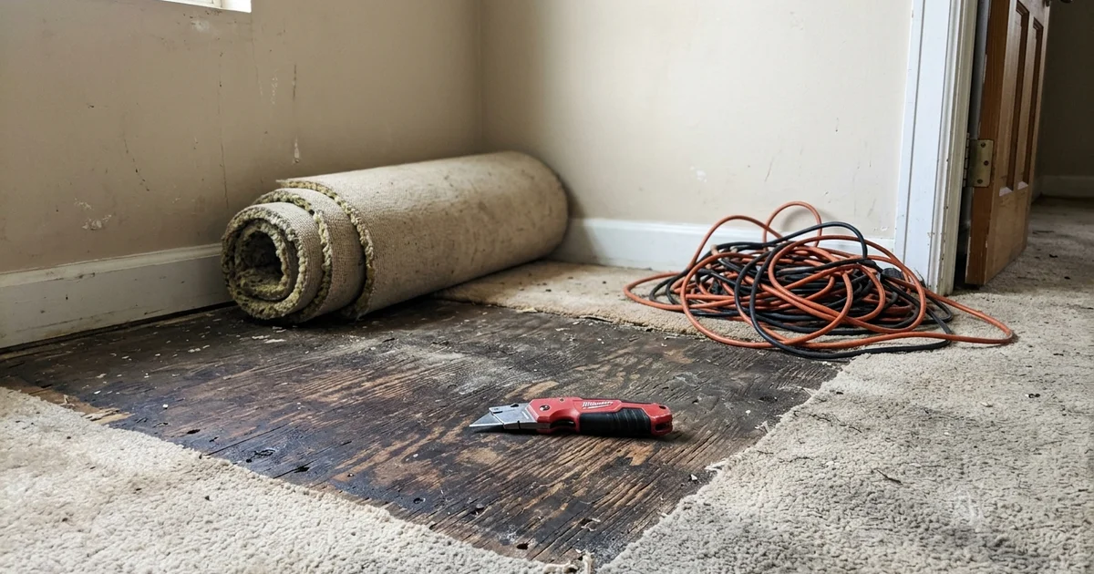 A removed section of flooring exposing stained subfloor in a room