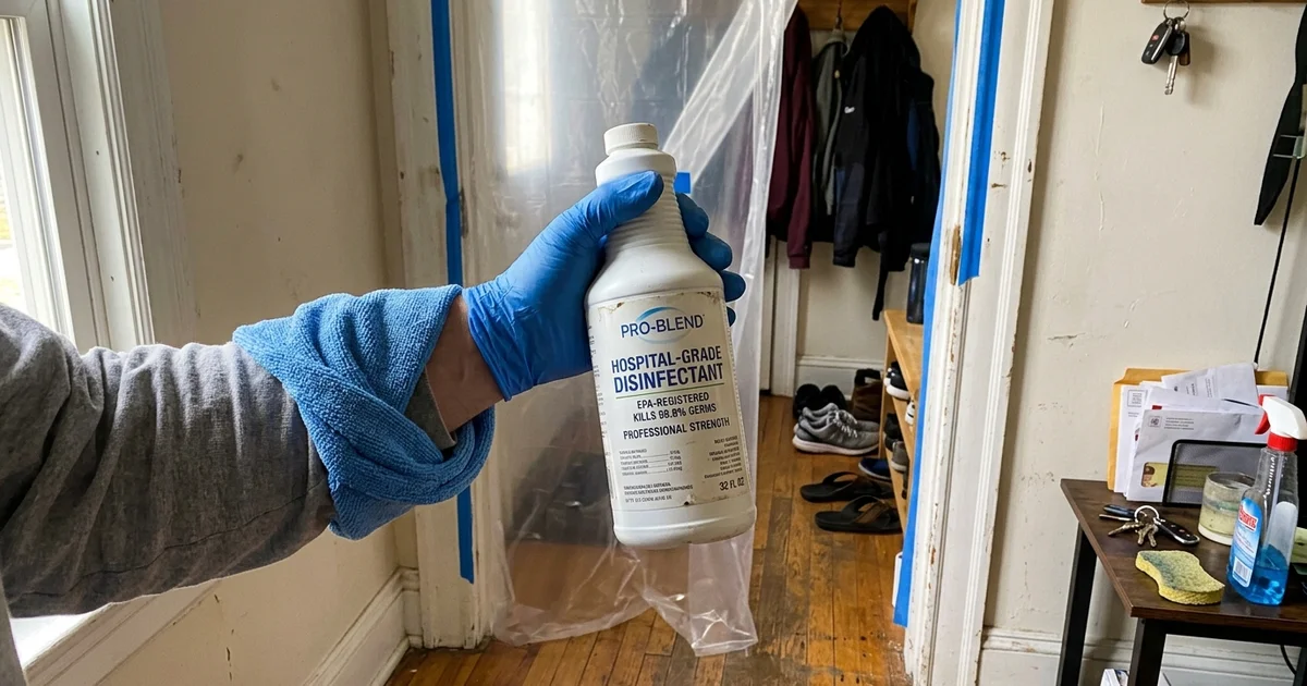 A gloved hand holding an EPA-registered disinfectant bottle inside a home
