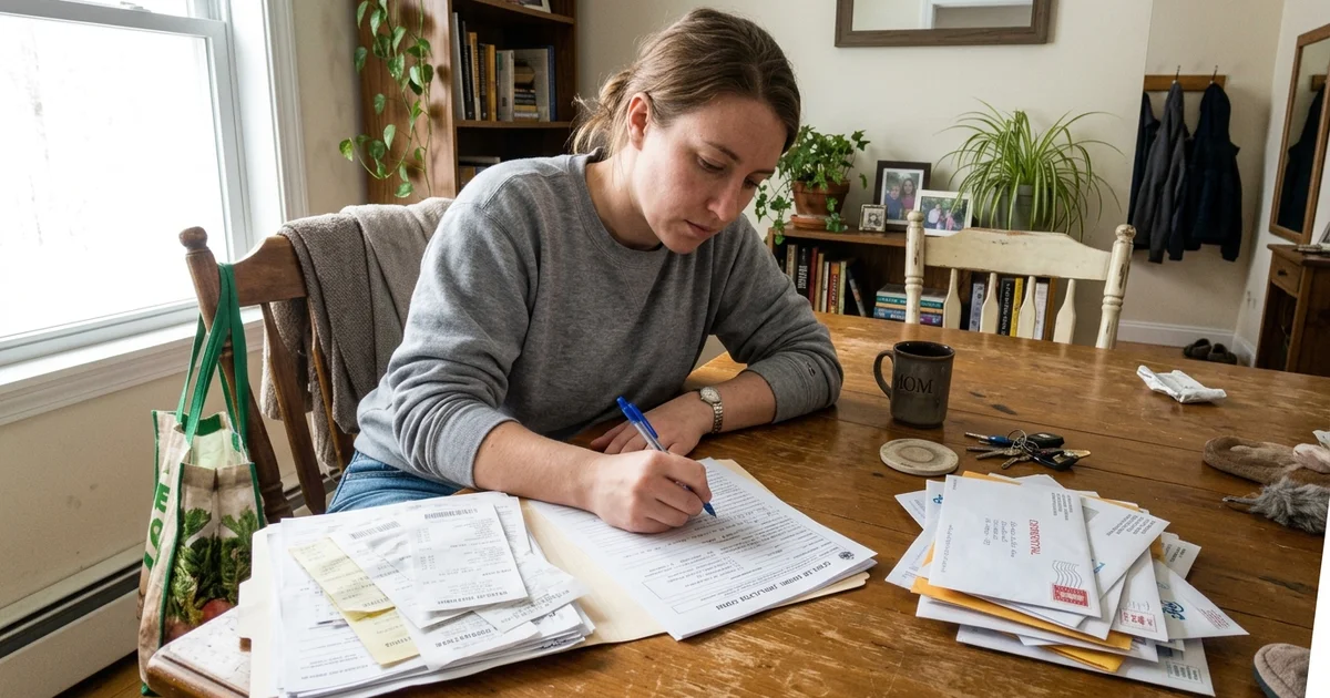 A person completing a paper application form at a dining table