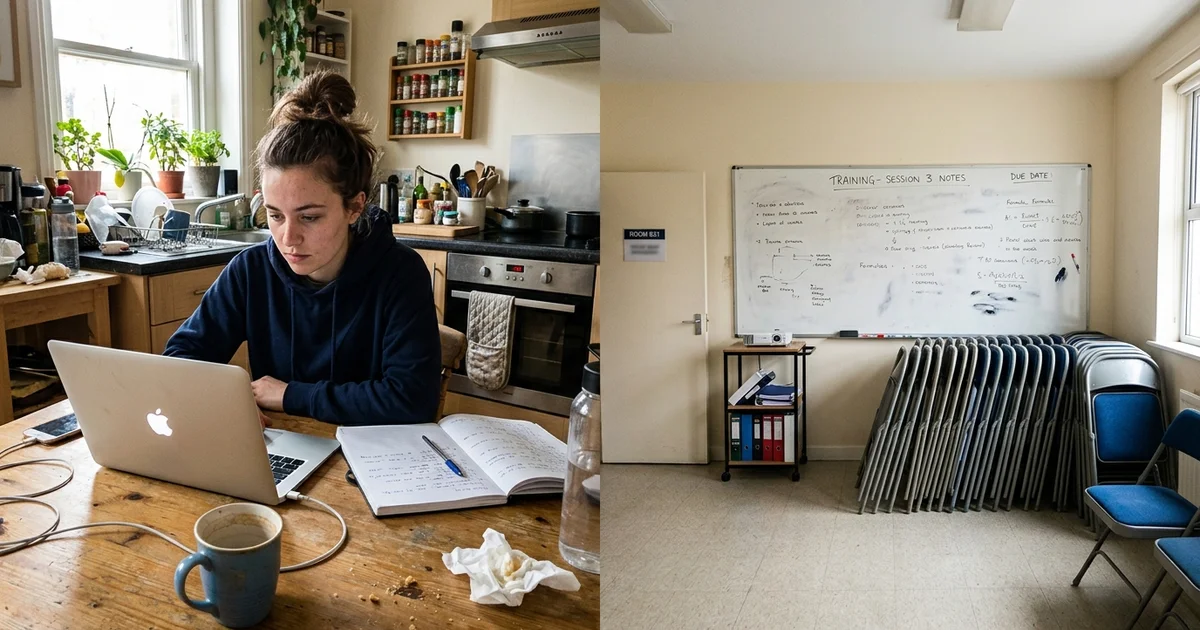 A person learning on a laptop at home beside an empty classroom