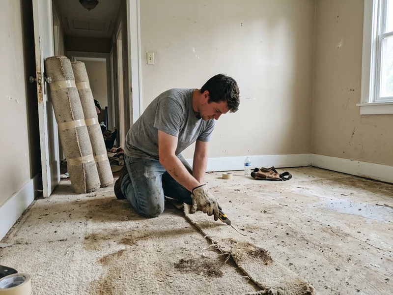 Saturated carpet cut and rolled for removal during pet waste remediation