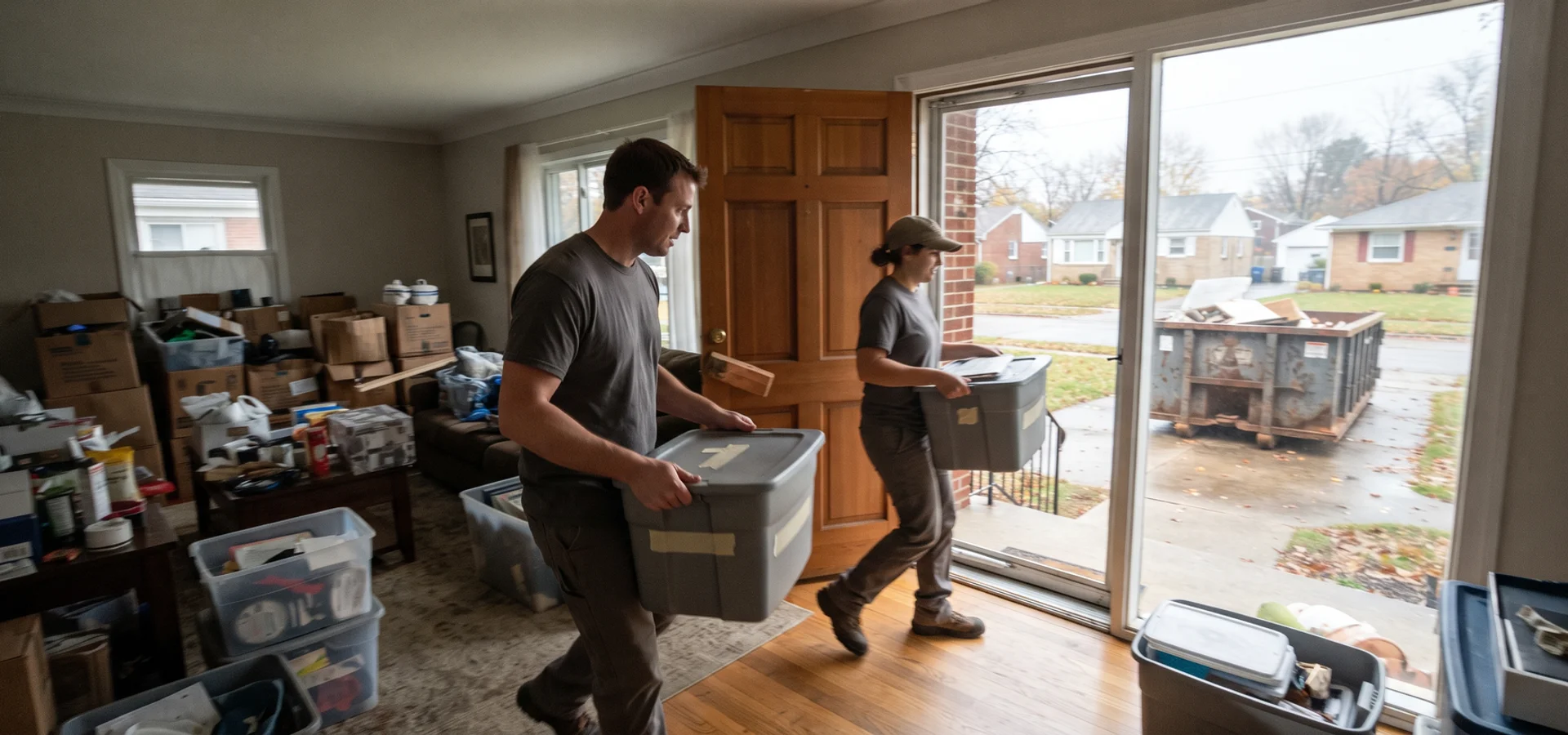 Hoarding cleanup crew sorting belongings into labeled bins inside a Cleveland home