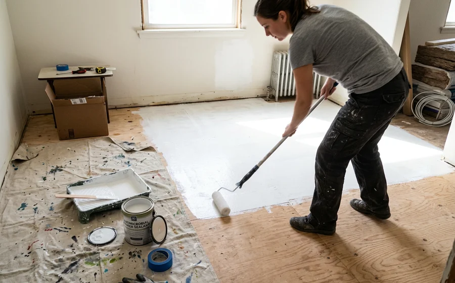 Antimicrobial primer sealant applied to subfloor to lock in residual odor at the source