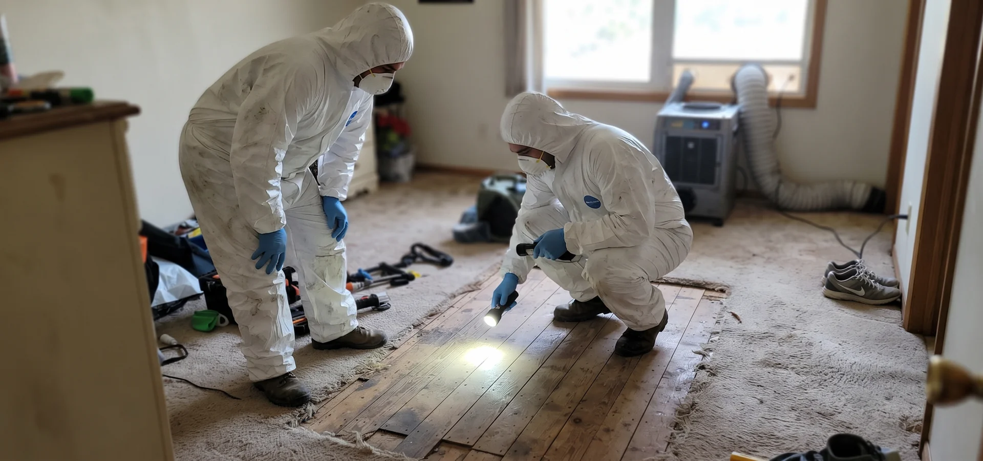 Technicians assessing decomposition damage in a Cleveland bedroom with flooring removed